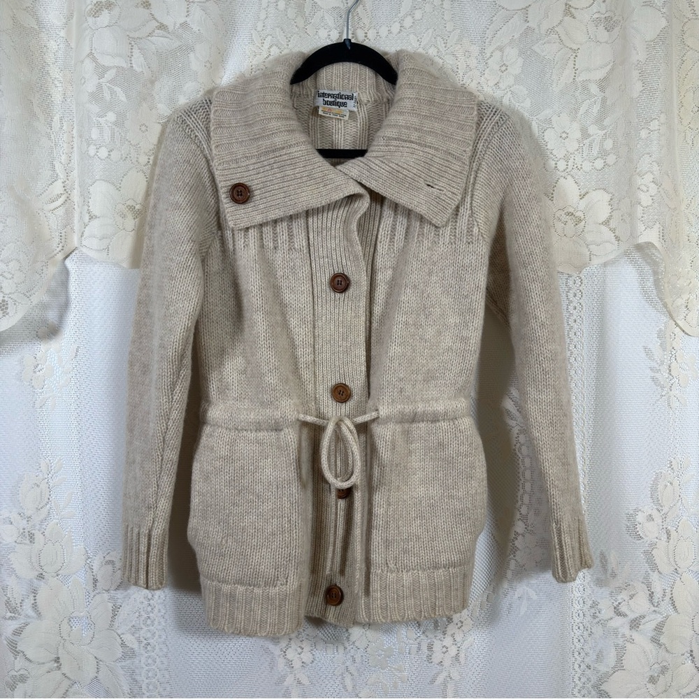 Vintage 60s 70s Wool Cardigan Sweater Cream Beige Belted Hippie Boho Size Xs - Picture 2 of 8